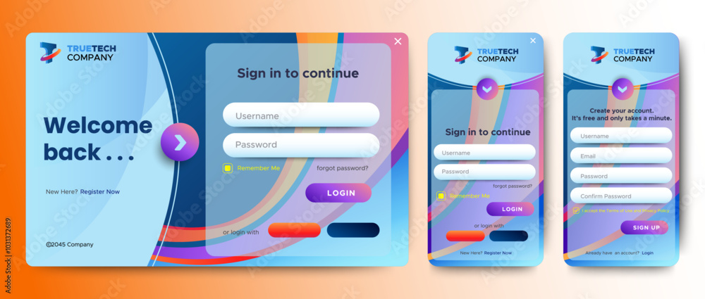 Poster set of sign up and sign in forms. colorful gradient. mobile registration and login forms page. profe