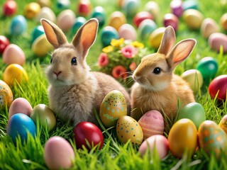 Easter Bunnies on the Lawn Surrounded by Colorful Easter Eggs in a Macro Photography Style