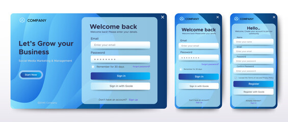 Obraz premium Set of Sign Up and Sign In forms. colorful gradient. Mobile Registration and login forms page. Professional web design, full set of elements. User-friendly design materials.