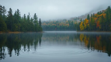 Obraz premium Serene Misty Lake Surrounded by Autumn Foliage