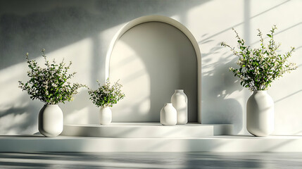 Minimalist interior with vases and floral arrangements.