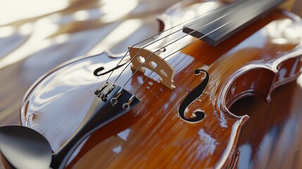 Fototapeta premium A hyper-realistic close-up of a violin, with detailed wood grain, polished strings, and reflections of light off its varnished surface.