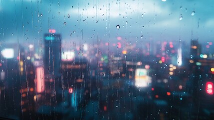 A hyper-realistic image of raindrops on a window, with a soft, blurred view of the city in the background.