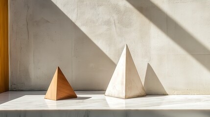 Geometric shapes displayed on a marble surface with natural light