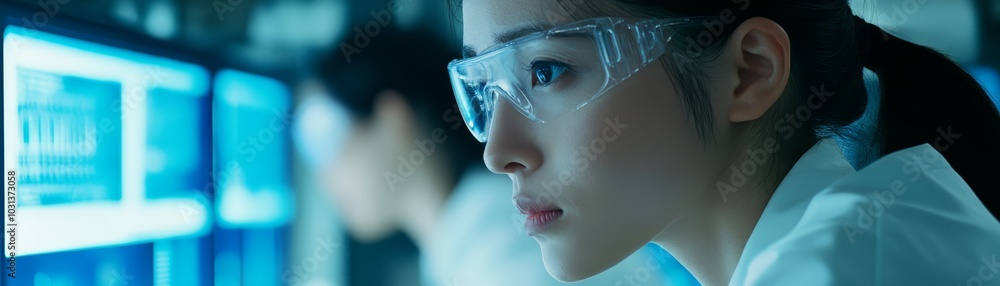 Wall mural female scientist looking at computer screen in lab