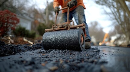 Naklejka premium Construction worker applying asphalt sealer with a large roller, creating a glossy black finish, mid-stride