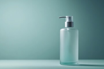 Frosted Glass Pump Bottle on Teal Background.