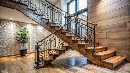 Fototapeta premium asymmetrical modern wrought iron wooden staircase