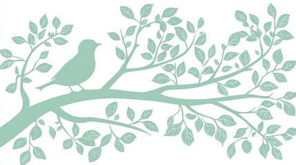Elegant bird silhouette perched on a leafy branch in soft green tones