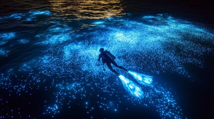 A diver swimming slowly among glowing bioluminescent plankton during a night dive around Koh Tao, surrounded by the mysterious deep blue of the sea.