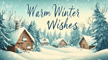 Naklejka premium A postcard featuring a winter wonderland, with snow-covered trees and cozy cabins, and the message 