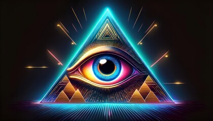  A luminous neon eye and pyramid contrast sharply with a dark background, reflecting themes of surveillance, facial recognition technology, global power, privacy invasion, blackmail, and encryption