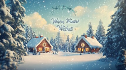 A postcard featuring a winter wonderland, with snow-covered trees and cozy cabins, and the message 