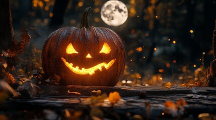 A Halloween pumpkin with a sinister smile, glowing in the darkness, placed on wood with forest bokeh and an autumn moon casting an eerie glow in the background.