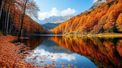 Obraz premium A postcard with a beautiful landscape of a serene lake surrounded by autumn trees, the vibrant orange and yellow leaves reflected in the water.