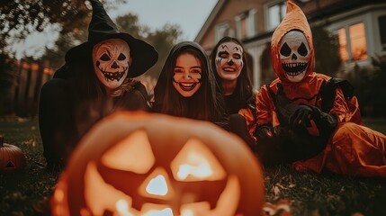 Friends in Halloween Costumes with a Jack-O-Lantern.