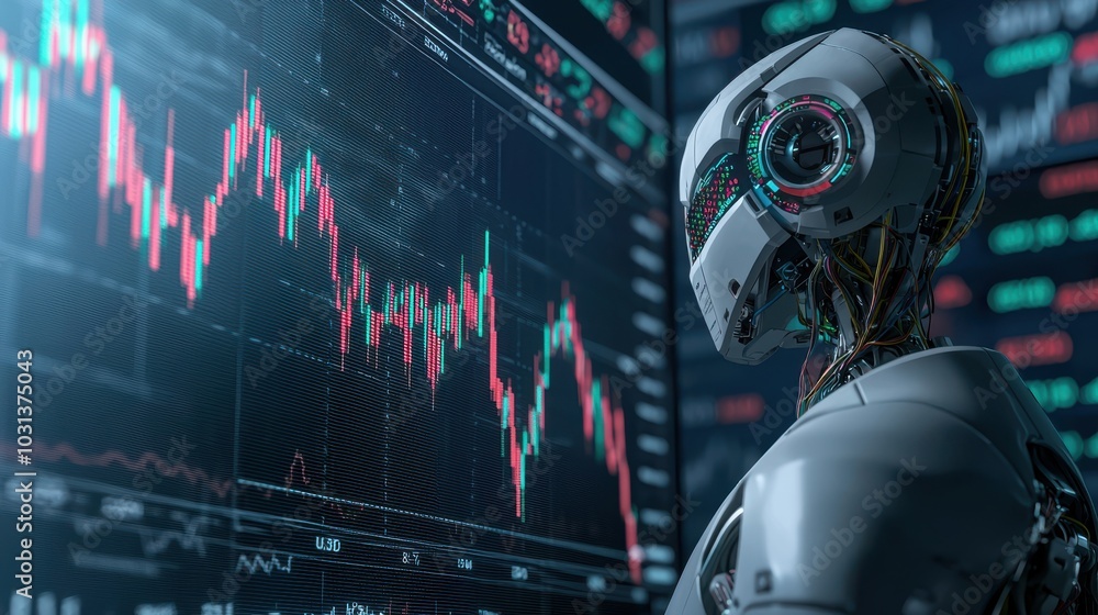 Poster a futuristic robot analyzes financial data displayed on a digital screen, showcasing the integration