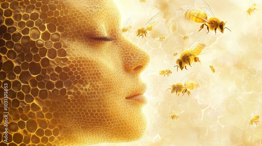 Poster a hyperrealistic portrait of a figure with a honeycomb-textured surface, glowing in golden hues, wit