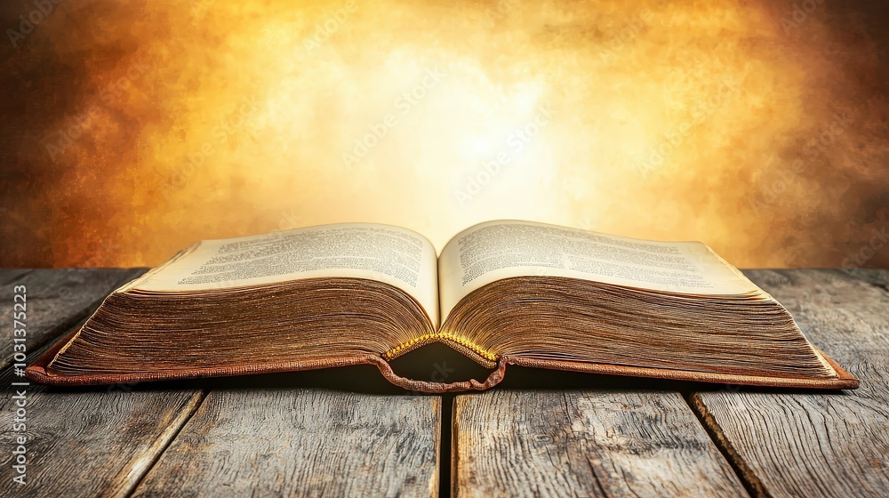 Poster an open book on rustic wooden table with glowing background