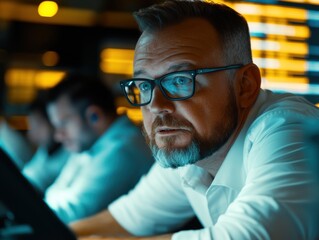 Obraz premium A focused professional with glasses analyzes data at a computer in a dimly lit environment, showcasing collaboration and technology.