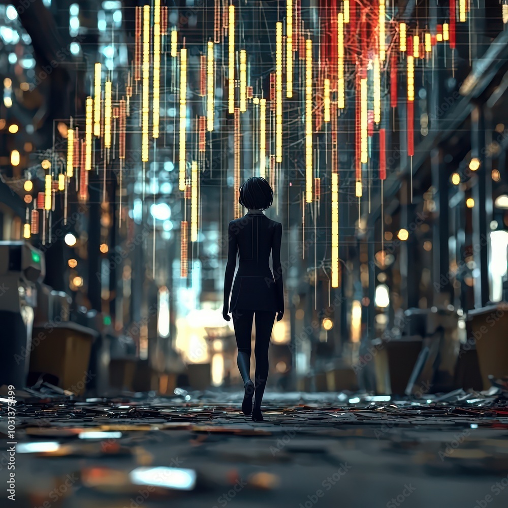 Poster a person walks through an industrial space, illuminated by vibrant data visualizations that suggest 