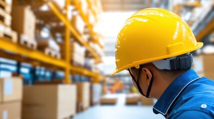 A worker in a yellow safety helmet observes organized warehouse shelves, ensuring a safe and efficient working environment.