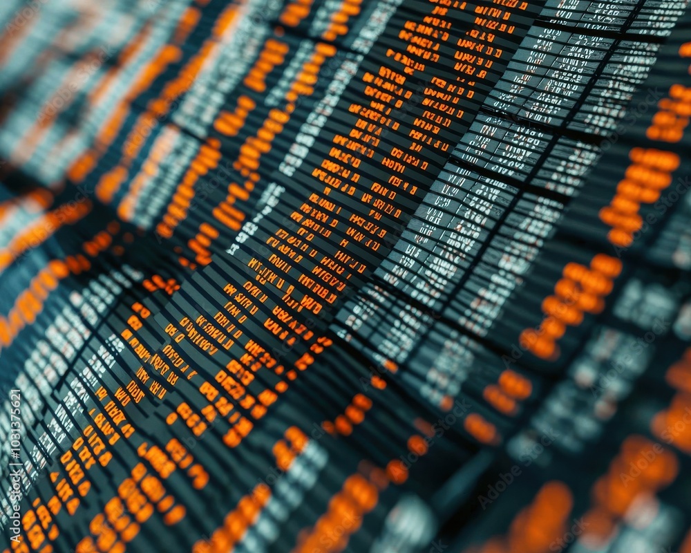 Poster a close-up view of a vibrant digital display, showcasing a pattern of text and numbers in orange and