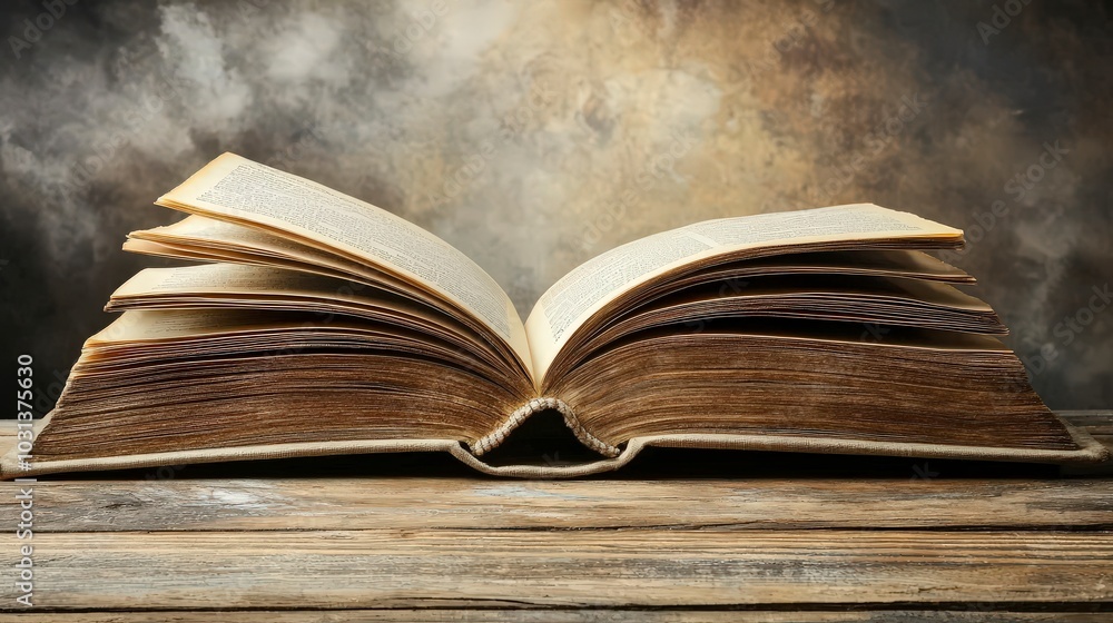 Poster an open book resting on a wooden table with a blurred background