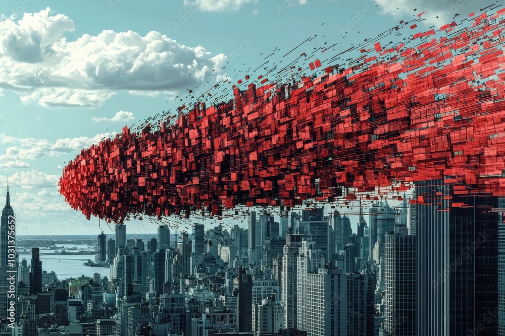Aufkleber a vibrant, abstract representation of a cityscape with a swirling mass of red blocks, suggesting dyn
