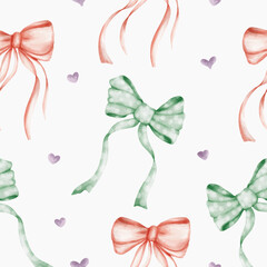 Watercolor ribbon bow seamless pattern with love element