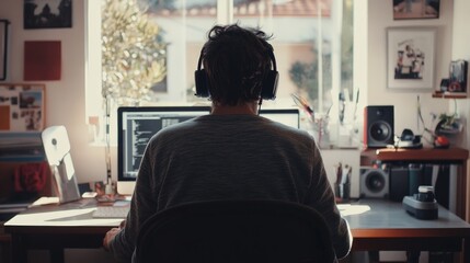 A man working from his home office, wearing headphones while typing, with a bright and organized workspace.