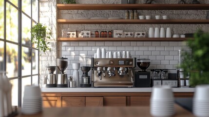 A modern coffee shop counter with a professional espresso machine, coffee grinders, and shelves stocked with coffee beans and cups.