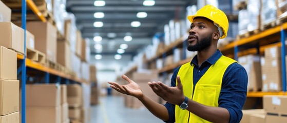 Fototapeta premium A worker in a yellow safety vest and helmet communicates in a warehouse filled with boxes, showcasing a professional environment.