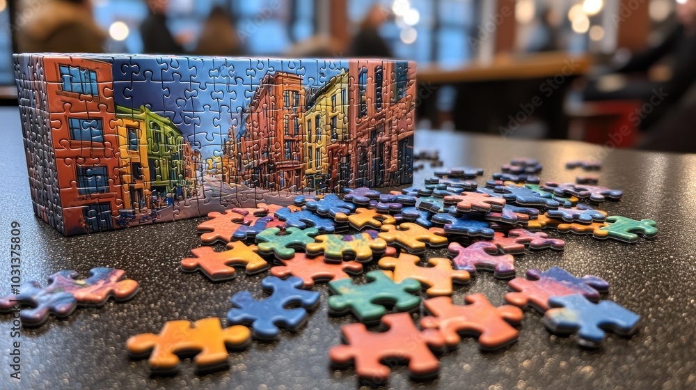 Poster a jigsaw puzzle with scattered pieces on a table in a caf?.