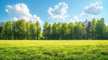 Green Meadow with Forest and Blue Sky.