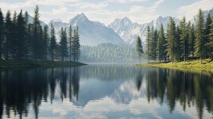 A realistic view of a calm lake surrounded by pine trees, with mountains reflected perfectly on the still water, creating a serene atmosphere.