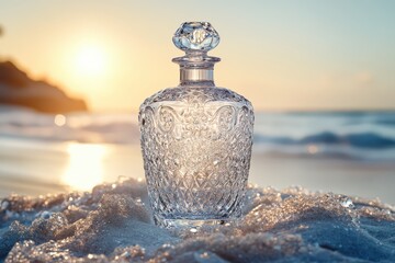 Obraz premium Crystal Decanter on Beach at Sunset.