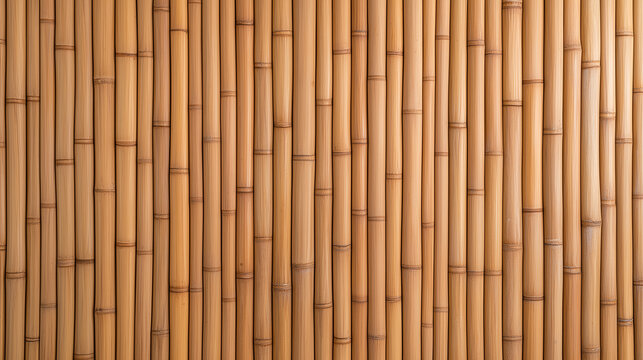 A close-up image of a wall constructed from vertical, parallel bamboo poles. 