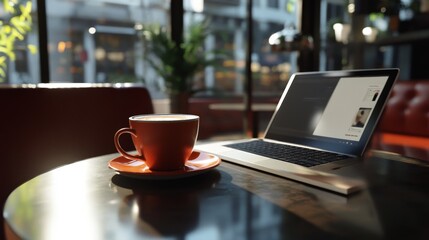 A realistic view of a cup of coffee and a laptop on a table in a cafe, with natural lighting and detailed reflections on the laptop screen.