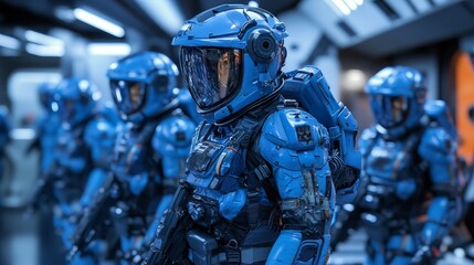 A rescue team of futuristic soldiers in sleek blue spacesuits, standing ready in the corridors of a spaceship, detailed with intricate gear in ultra-high definition 20k photography.