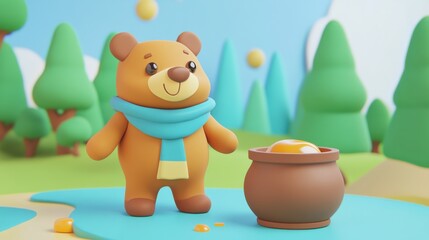 Obraz premium Cute Bear Character with Honey Pot in a Playful Scene