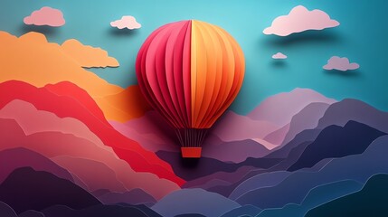 Obraz premium Silhouette of a hot air balloon with colorful paper cut layers, floating through a vivid sky, perfect for travel or adventure themes