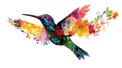 Silhouette of a hummingbird in flight, with vibrant, layered paper cut wings and colorful floral elements, ideal for nature or garden projects