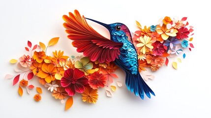 Fototapeta premium Silhouette of a hummingbird in flight, with vibrant, layered paper cut wings and colorful floral elements, ideal for nature or garden projects