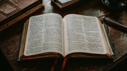 Obraz premium Open dictionary on a wooden table with pens and books nearby