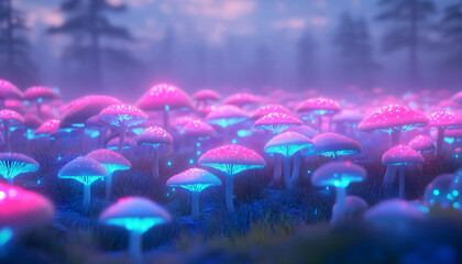 Fototapeta premium A vast open plain covered in giant mushrooms that glow in brilliant blues, pinks, and purples