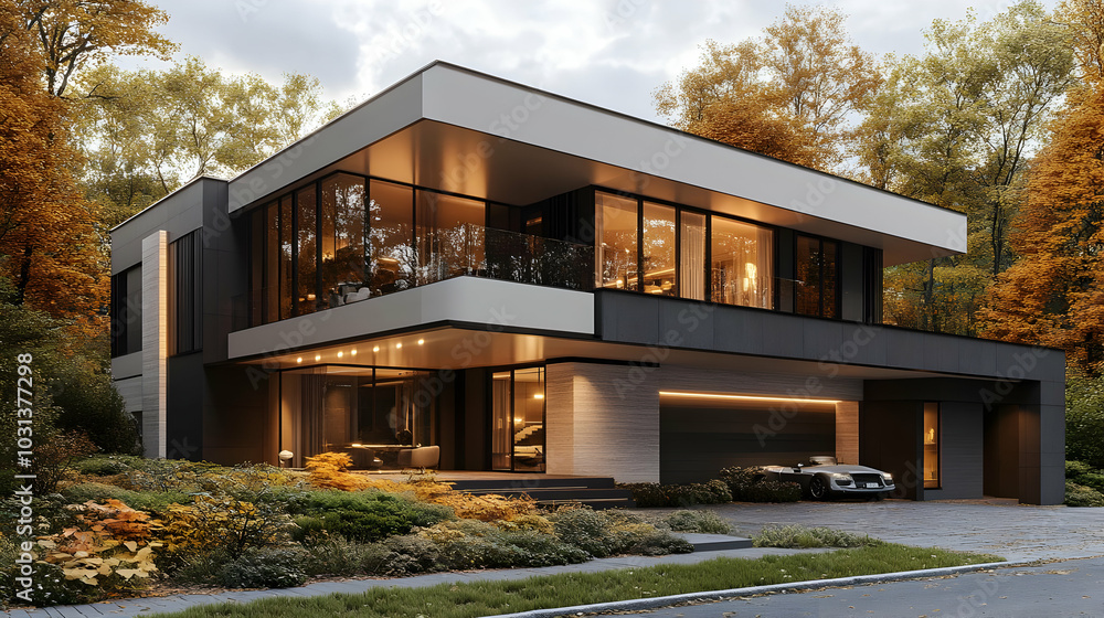 Wall mural Modern house with large windows surrounded by autumn foliage.