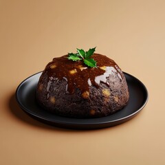 A glossy chocolate pudding on a black plate, garnished with a green leaf.