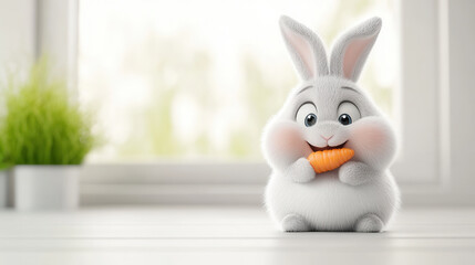 Fluffy bunny happily munching on carrot, showcasing cute and playful expression in bright, cheerful setting. This adorable character brings joy and warmth to any scene