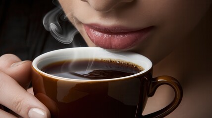 Woman exhaling steam while sipping hot beverage in cozy, blurred background setting